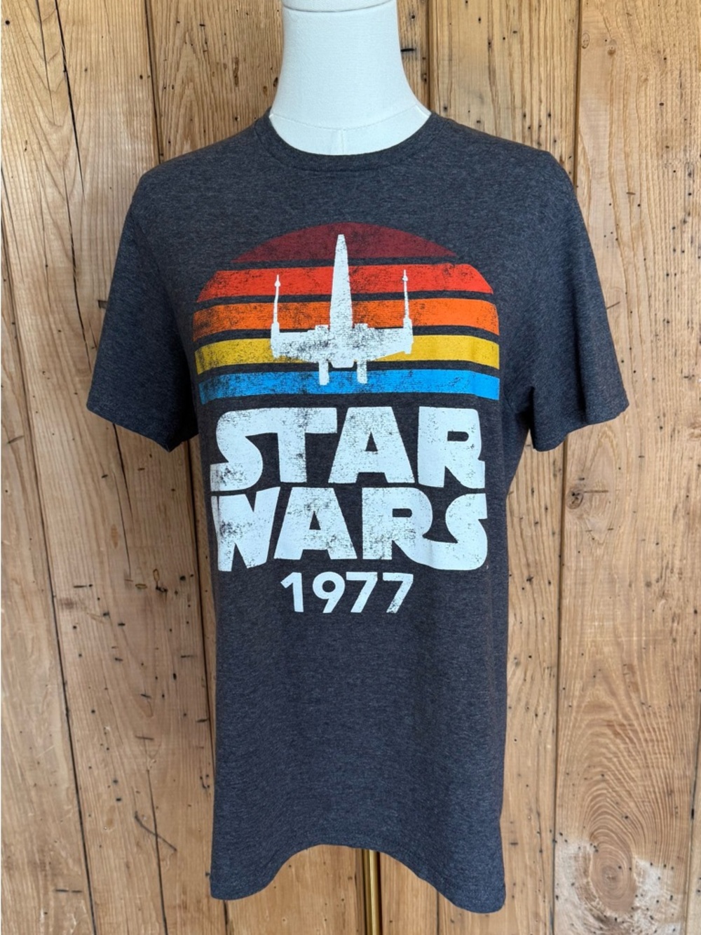 Star Wars 1977 Graphic Tee Charcoal with Retro Stripes